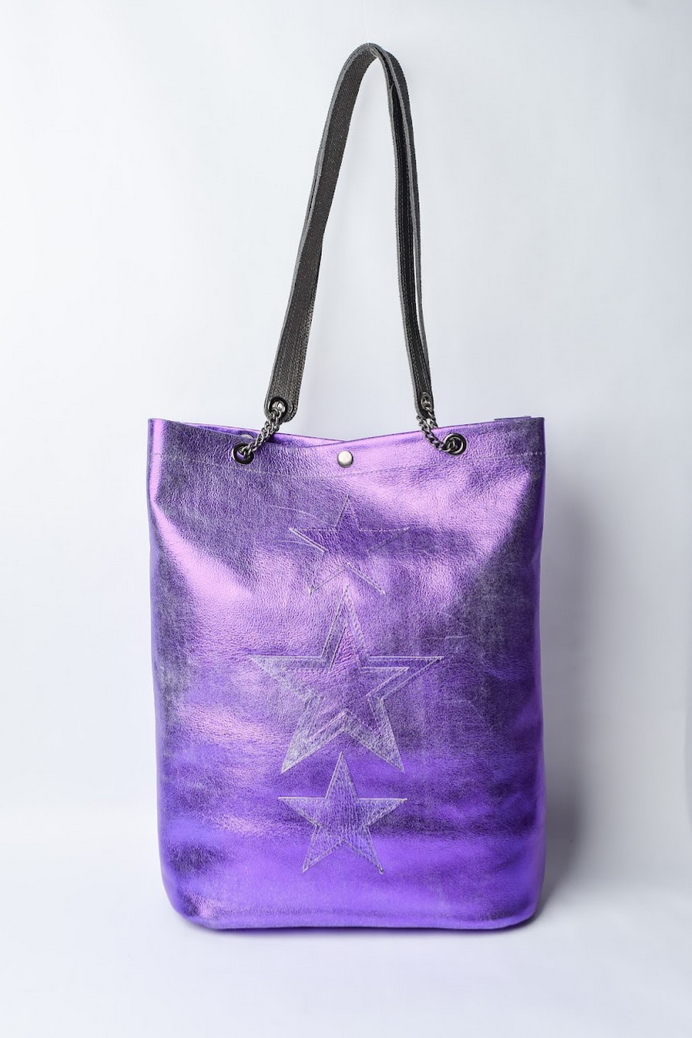 Large metallic purple handmade leather tote bag with star design and front pocket