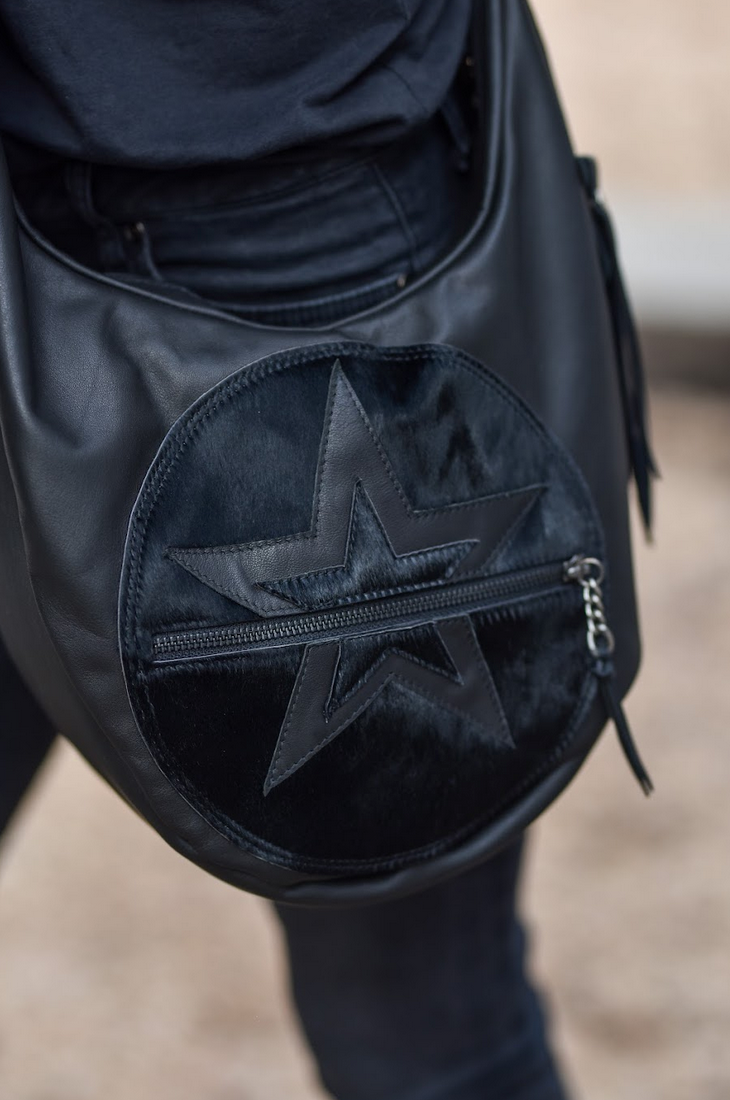 Handmade black leather urban crossbody bag with star detail
