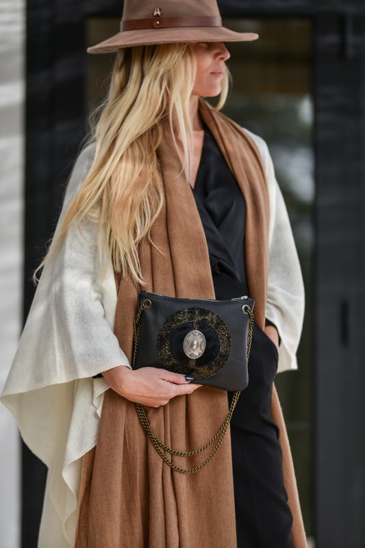 Black Little Chic Hand Bag with Gold and Silver Coloured Circle Design
