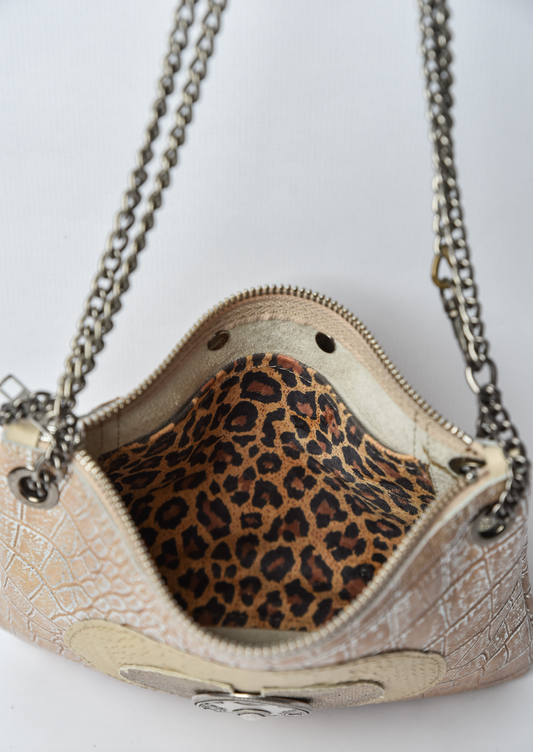 Little Chic Leather Beige Hand Bag with Silver Circle Design