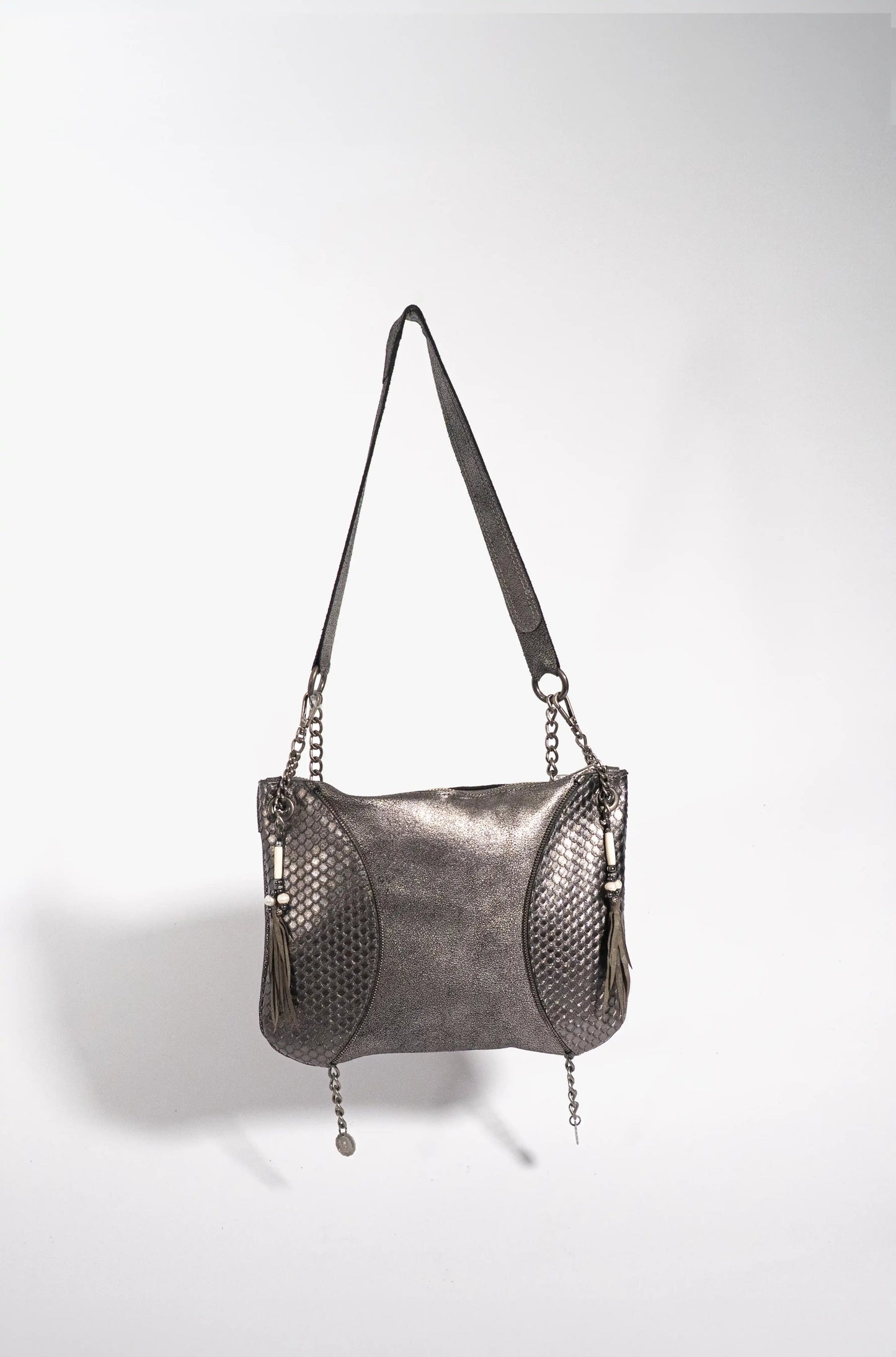 Silver and grey metallic handmade leather crossbody bag