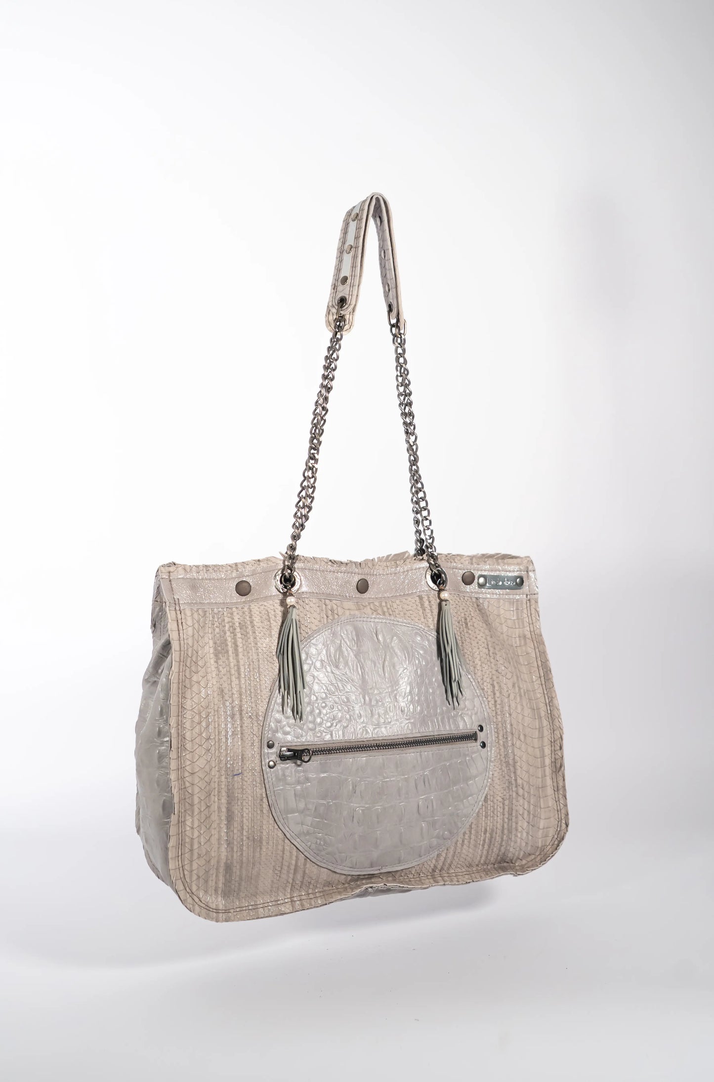 Handmade textured grey leather shopping bag with chain and leather straps.