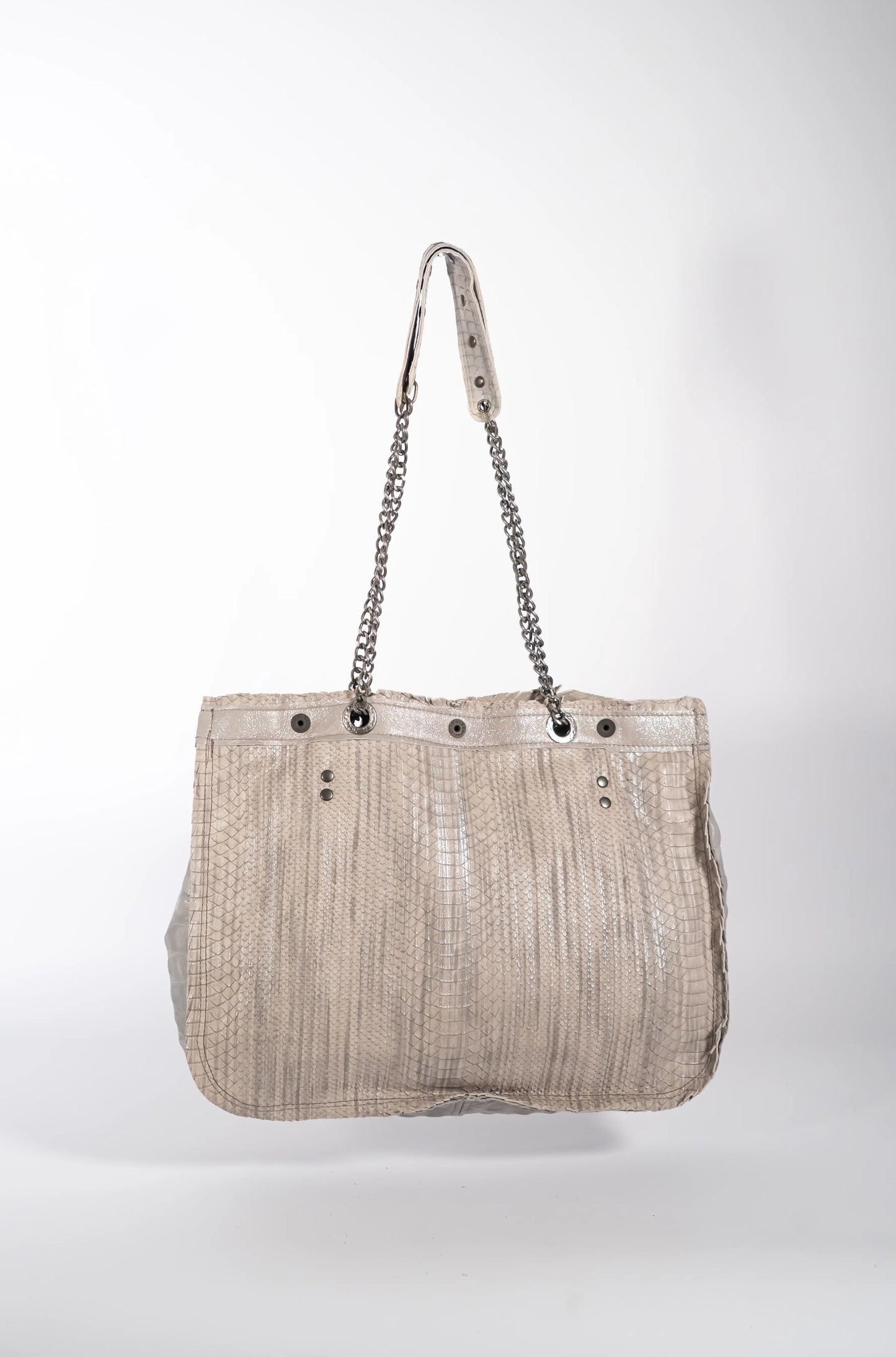 Handmade textured grey leather shopping bag with chain and leather straps.
