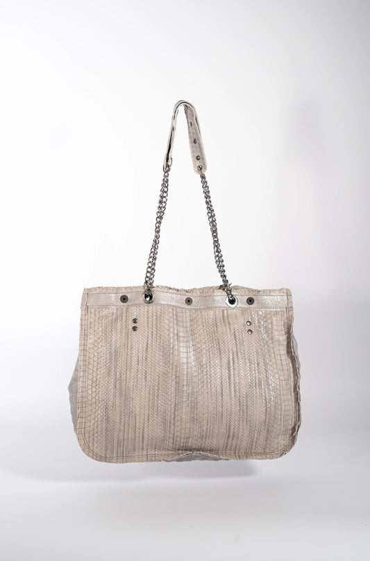 Handmade textured grey leather shopping bag with chain and leather straps.