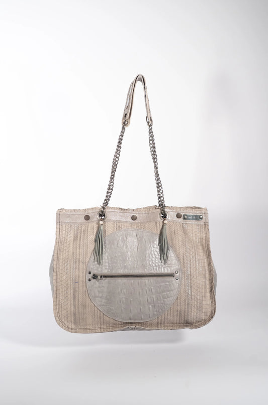 Handmade textured grey leather shopping bag with chain and leather straps.