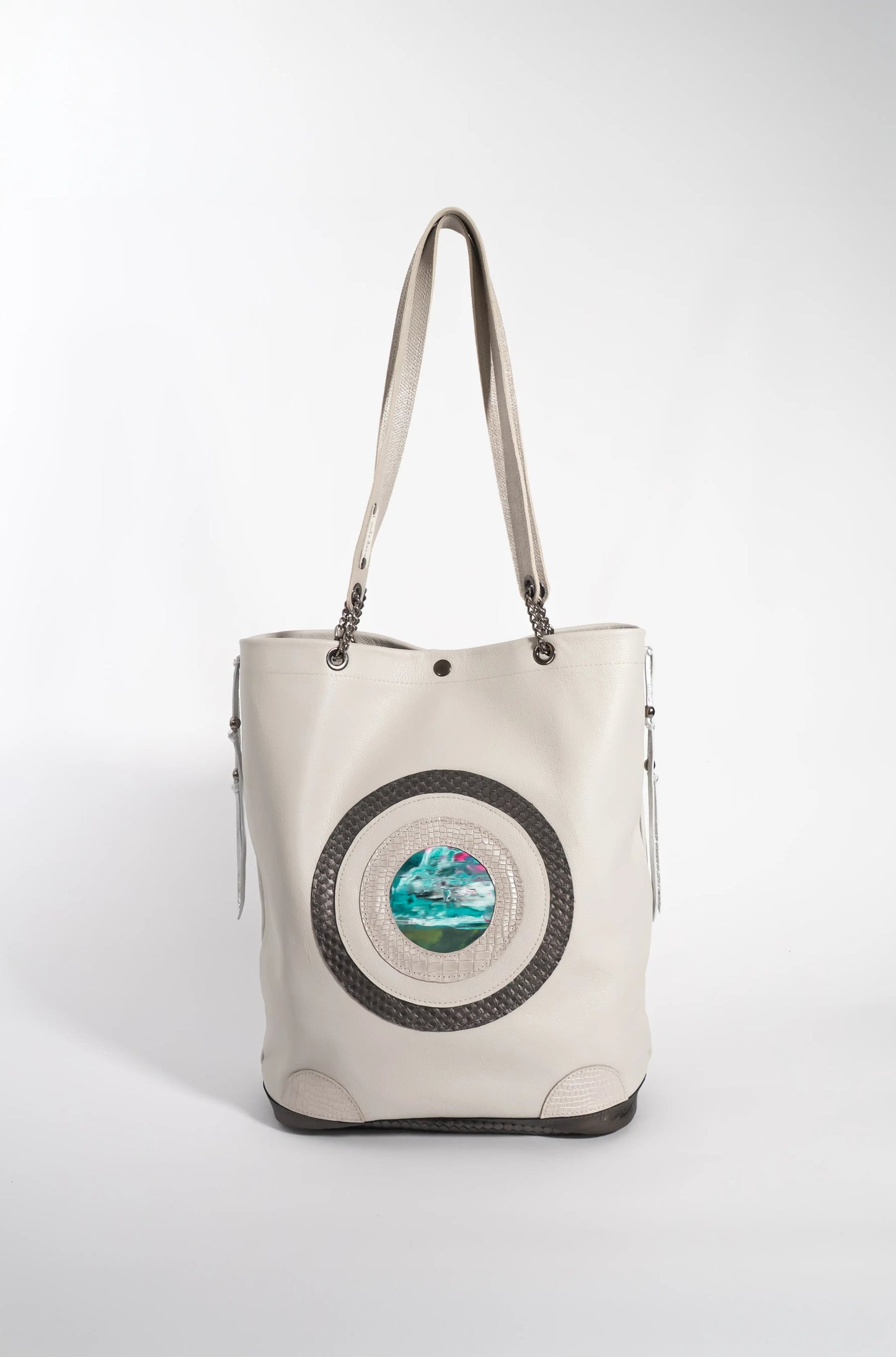 Handmade leather white shopper bag with leather straps