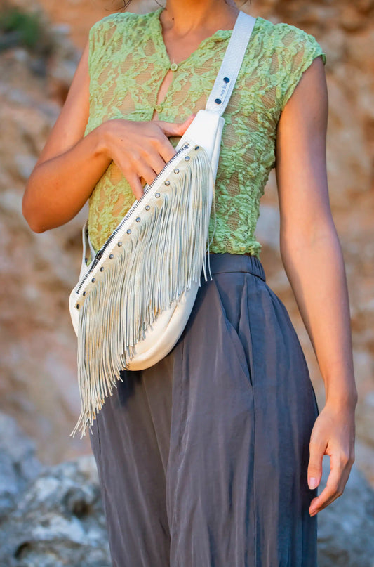 White Sling Bag with Golden Fringes