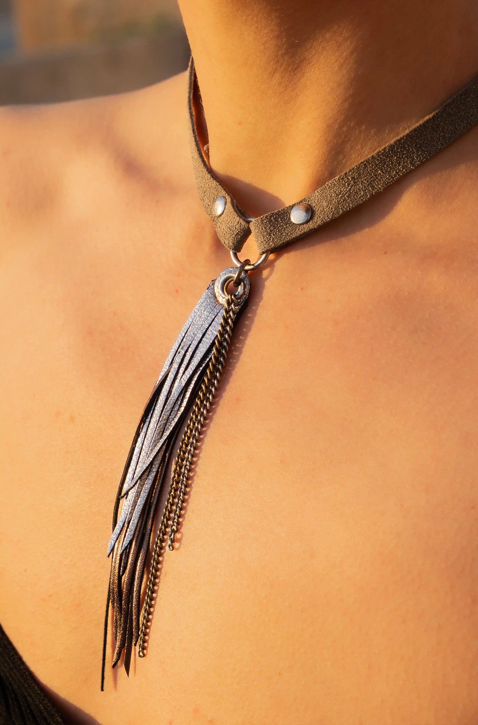 Exclusive handcrafted leather necklace in beige gold, luxury artisan accessory made in Ibiza with soul.