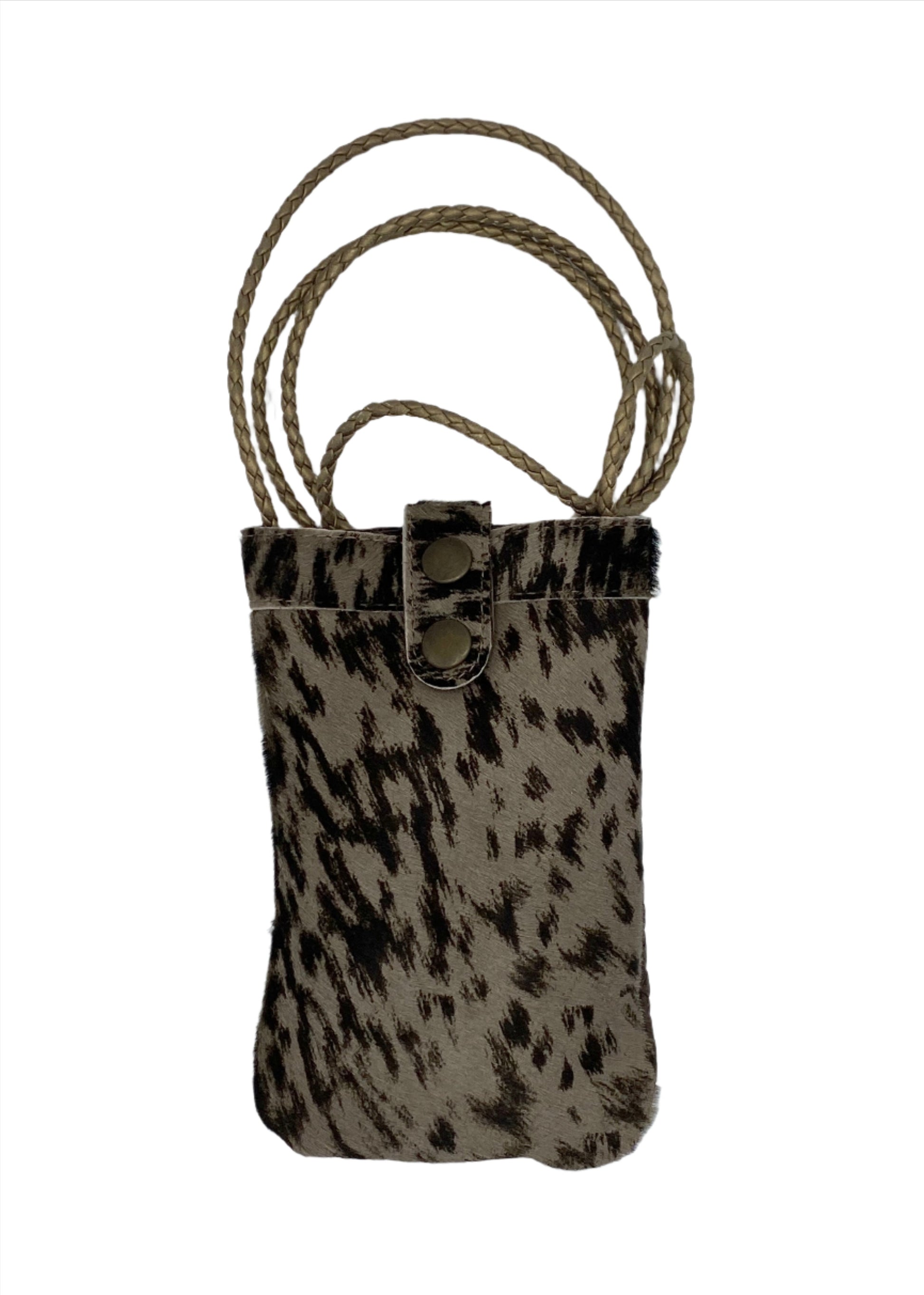 Handmade taupe and brown mobile bag with zip pocket on the back Linda Ibiza Design